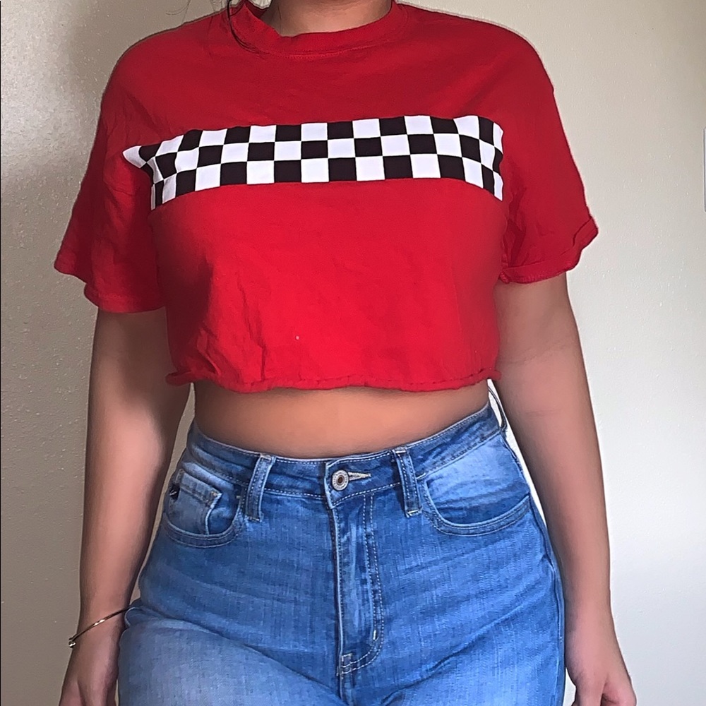 Red cropped checkered shirt